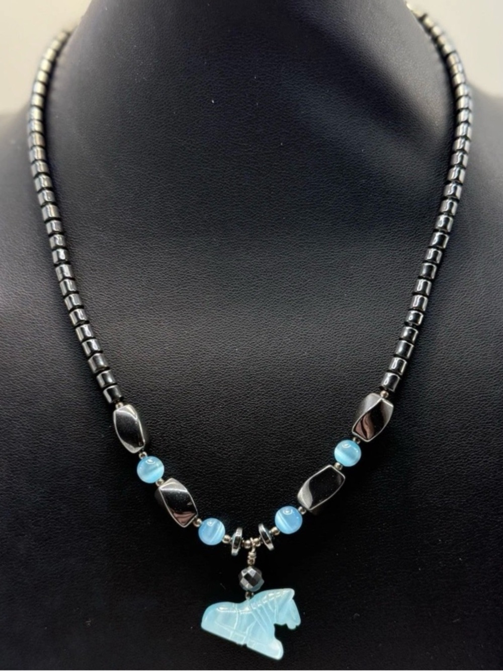 Vintage Hematite Necklace with Blue Cat's Eye Beads & Carved Glass Horse Pendant